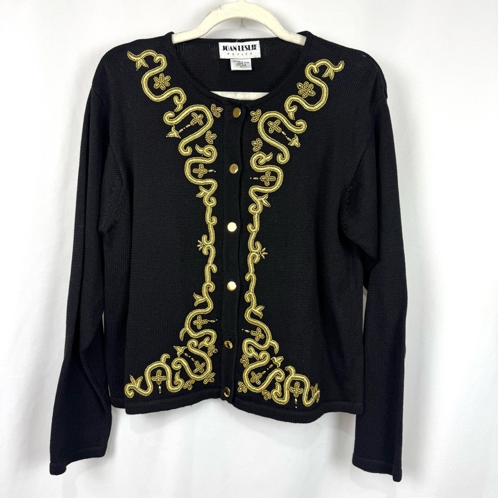 VTG Joan Leslie Petite M Knit Black Gold Embroidered Button Up Cardigan Sweater